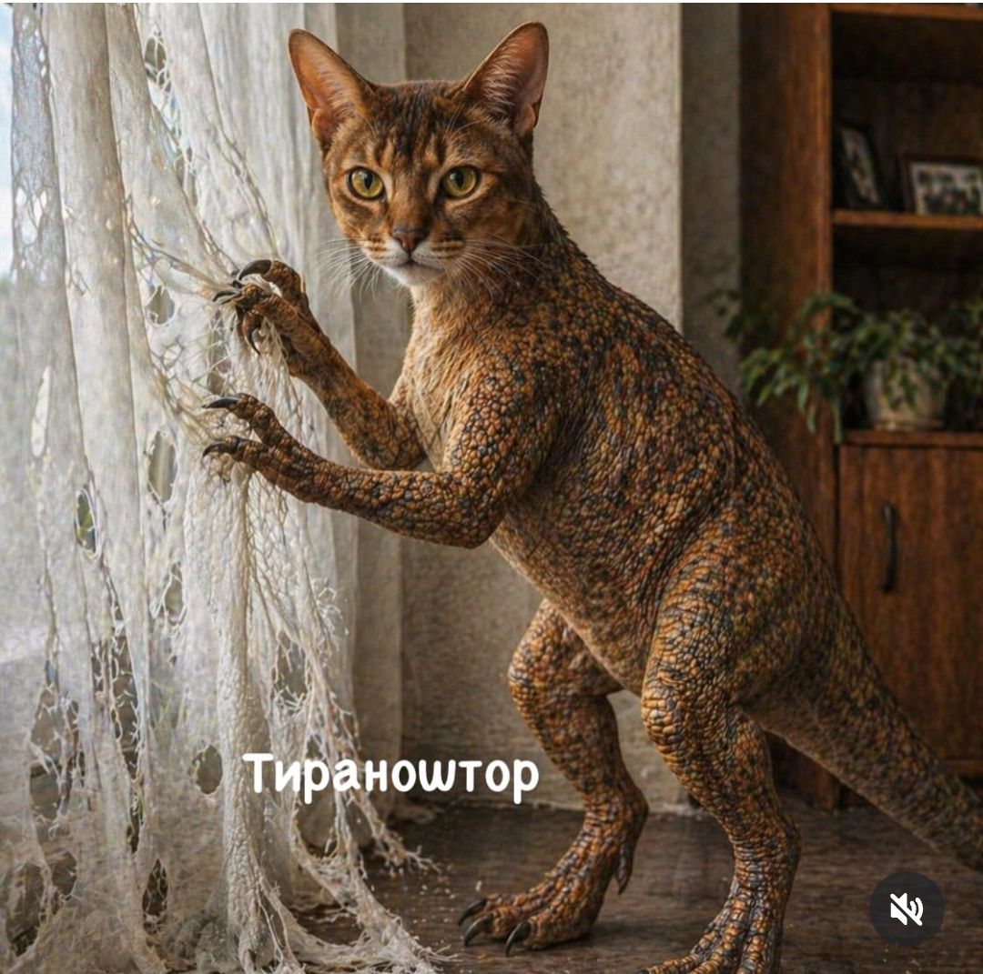 Тираноштор. Кот с телом динозавра рвет штору.
