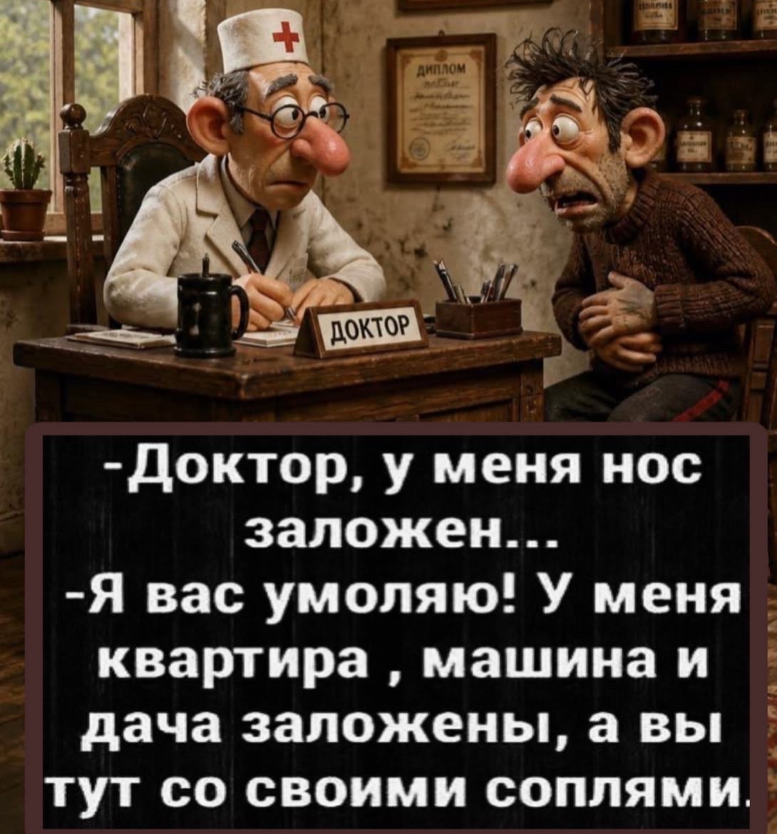 Доктор, у меня нос заложен... Я вас умоляю! У меня квартира, машина и дача заложены, а вы тут со своими соплями.