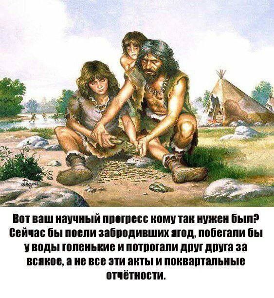 Вот ваш научный прогресс кому так нужен был? Сейчас бы поели забродивших ягод, побегали бы у воды голенькие и потрогали друг друга за всякое, а не все эти акты и поквартальные отчётности.