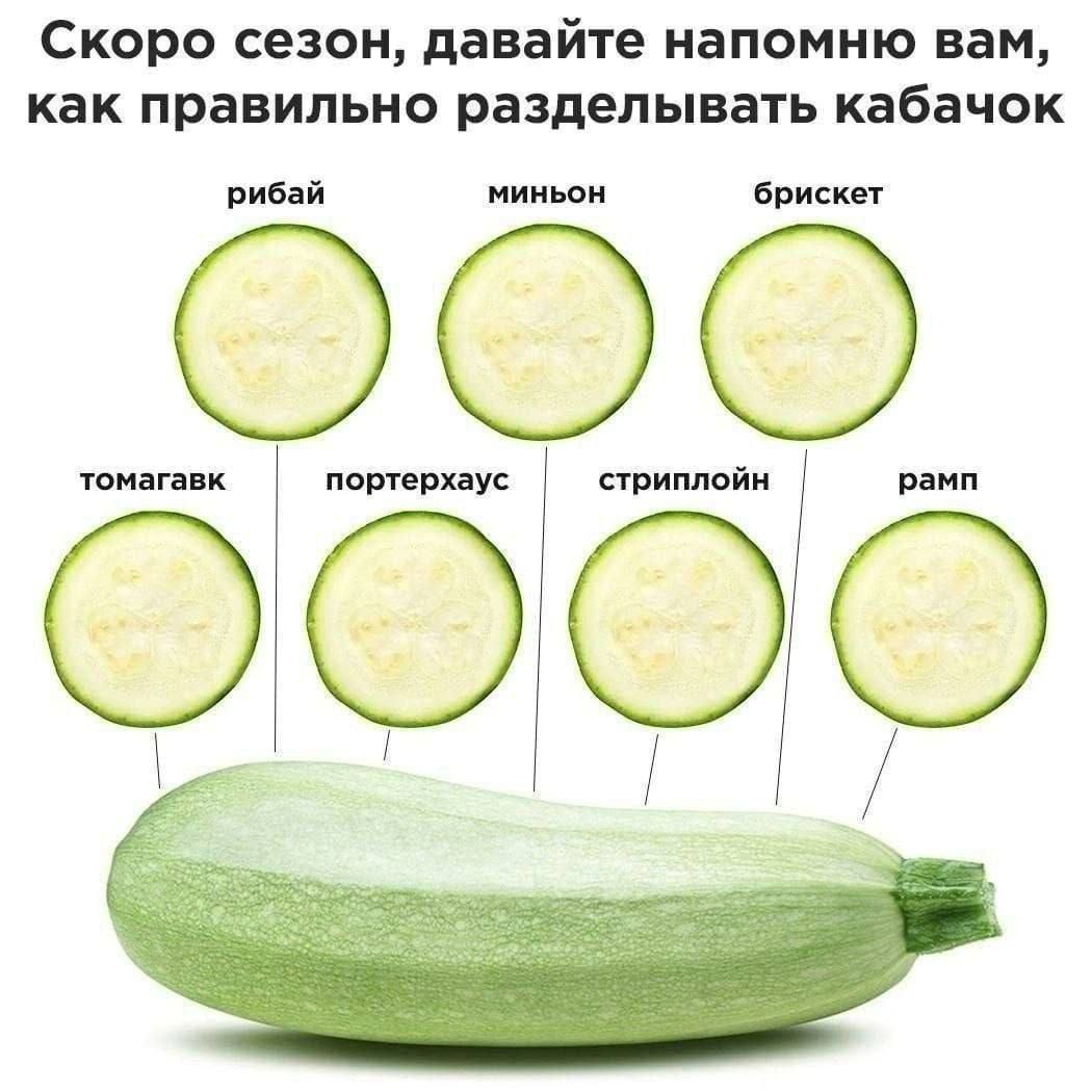 Скоро сезон, давайте напомню вам, как правильно разделывать кабачок. Рибай, миньон, брискет, томагавк, портерхаус, стриплойн, рамп.