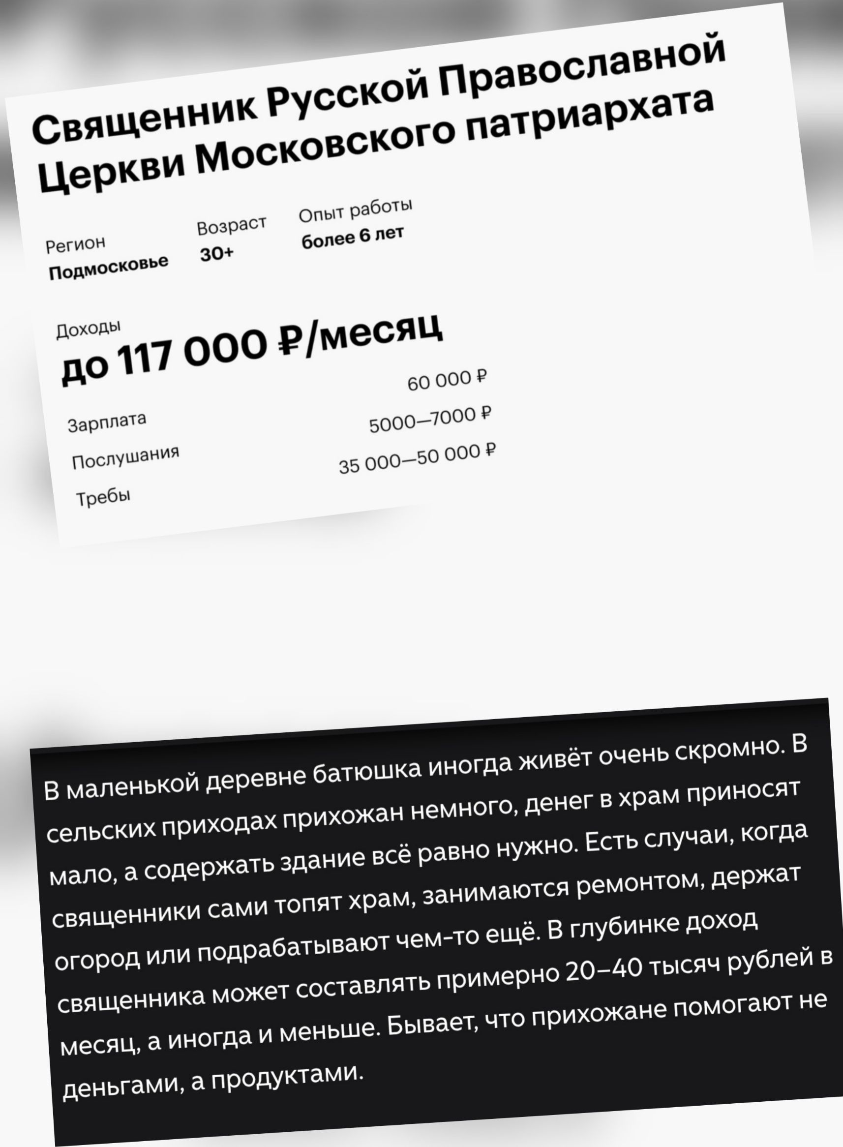Священник Русской Православной Церкви Московского патриархата. Регион Подмосковье, Возраст 30+, Опыт работы более 6 лет. Доходы до 117 000 ₽/месяц. Зарплата 60 000 ₽, Послушания 5000-7000 ₽, Требы 35 000-50 000 ₽. В маленькой деревне батюшка иногда живёт очень скромно. В сельских приходах прихожан немного, денег в храм приносят мало, а содержать