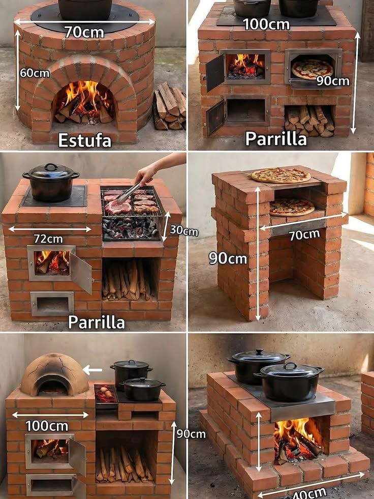70cm, 60cm, Estufa, 100cm, 90cm, Parrilla, 72cm, 30cm, Parrilla, 90cm, 70cm, 100cm, 90cm, 90cm, 40cm. На изображении представлены различные конструкции уличных печей и грилей из кирпича с указанием размеров. Видны процессы приготовления пищи: на плите стоят кастрюли, на гриле жарится мясо, в печи выпекается пицца.