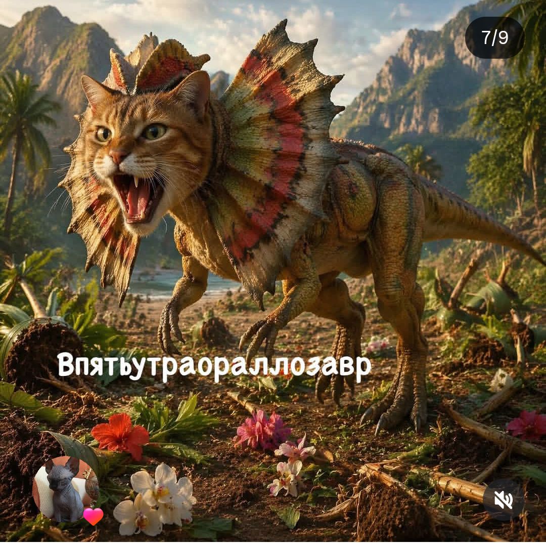 Впятьутраораллозавр. Кот с головой динозавра в джунглях.