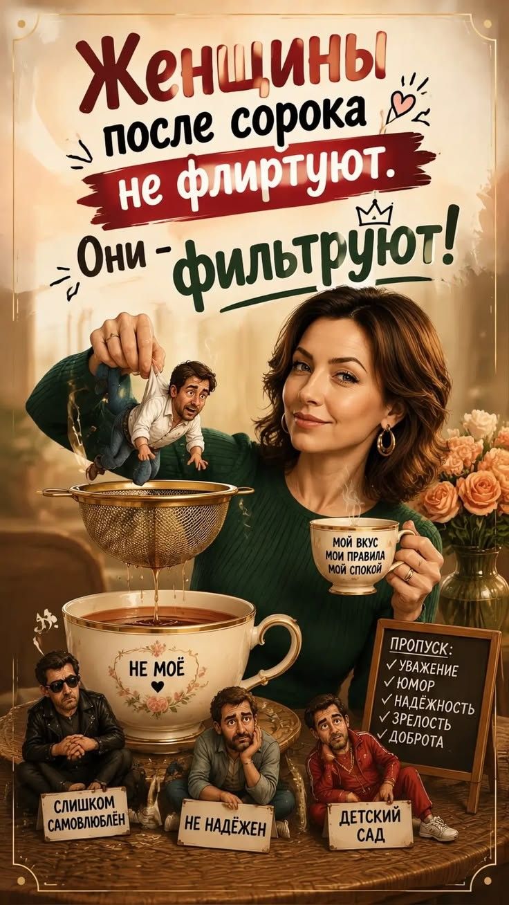 Женщины после сорока не флиртуют. Они - фильтруют! Мой вкус мои правила мой спокой. НЕ МОЁ. Слишком самовлюблён. Не надёжен. Детский сад. ПРОПУСК: Уважение Юмор Надёжность Зрелость Доброта