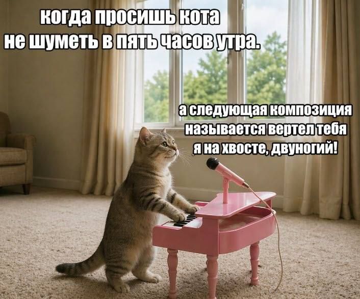 КОГДА ПРОСИШЬ КОТА НЕ ШУМЕТЬ В ПЯТЬ ЧАСОВ УТРА. А СЛЕДУЮЩАЯ КОМПОЗИЦИЯ НАЗЫВАЕТСЯ ВЕРТЕЛ ТЕБЯ Я НА ХВОСТЕ, ДВУНОГИЙ!