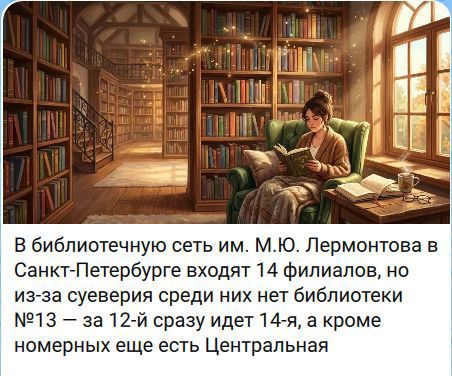 В библиотечную сеть им. М.Ю. Лермонтова в Санкт-Петербурге входят 14 филиалов, но из-за суеверия среди них нет библиотеки №13 – за 12-й сразу идет 14-я, а кроме номерных еще есть Центральная