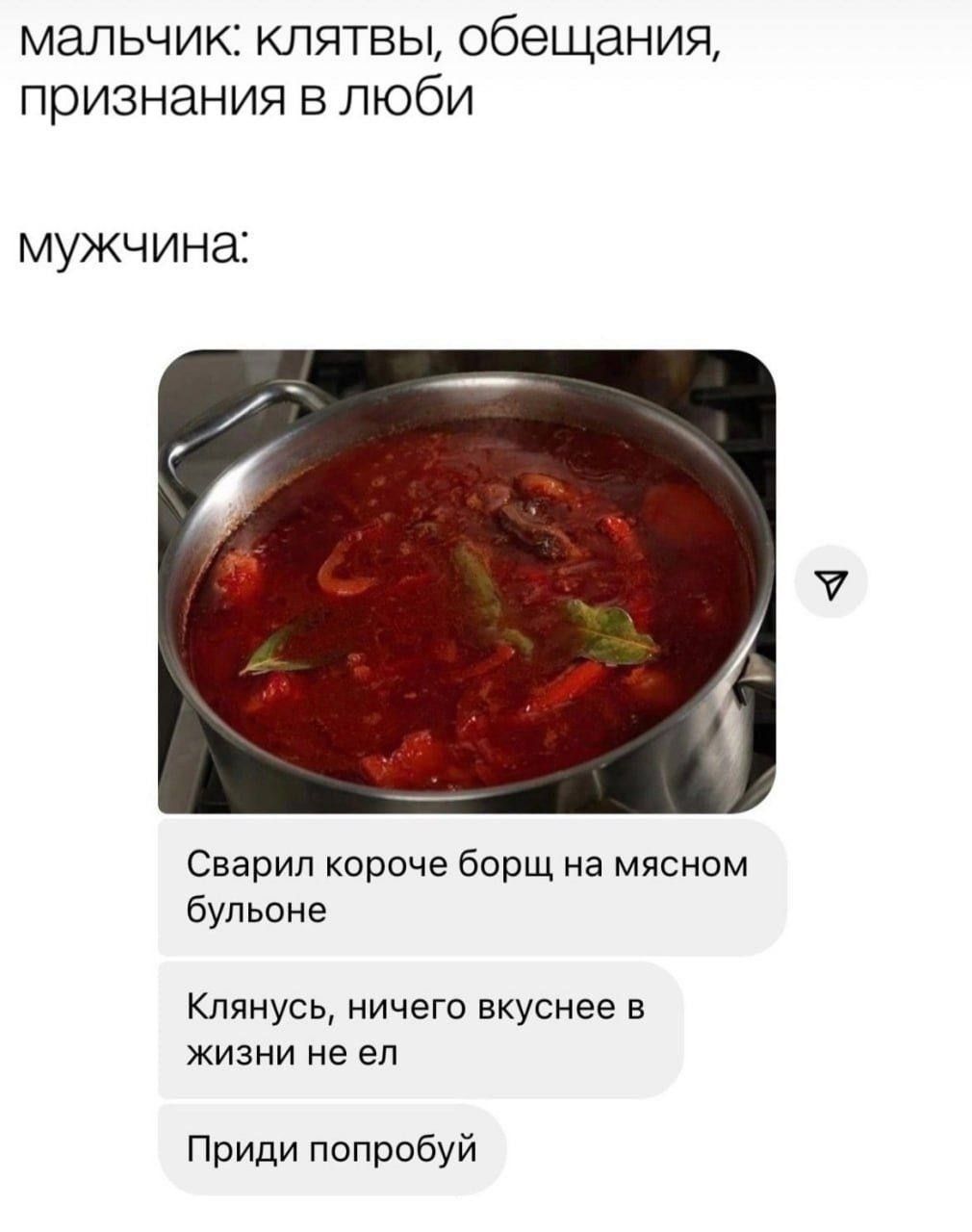 МАЛЬЧИК: КЛЯТВЫ, ОБЕЩАНИЯ, ПРИЗНАНИЯ В ЛЮБВИ. МУЖЧИНА: Сварил короче борщ на мясном бульоне. Клянусь, ничего вкуснее в жизни не ел. Приди попробуй.