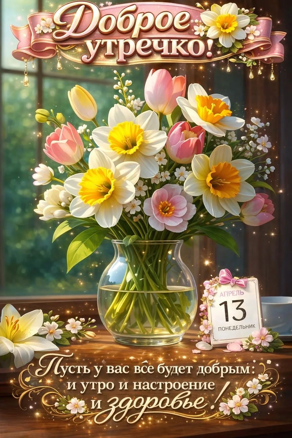 Доброе утречко! АПРЕЛЬ 13 ПОНЕДЕЛЬНИК Пусть у вас всё будет добрым: и утро и настроение и здоровье!