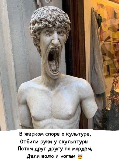 В жарком споре о культуре, Отбили руки у скульптуры. Потом друг другу по мордам, Дали волю и ногам