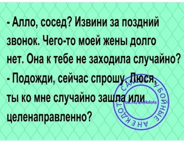 - Алло, сосед? Извини за поздний звонок. Чего-то моей жены долго нет. Она к тебе не заходила случайно? - Подожди, сейчас спрошу. Люся, ты ко мне случайно зашла или целенаправленно?
