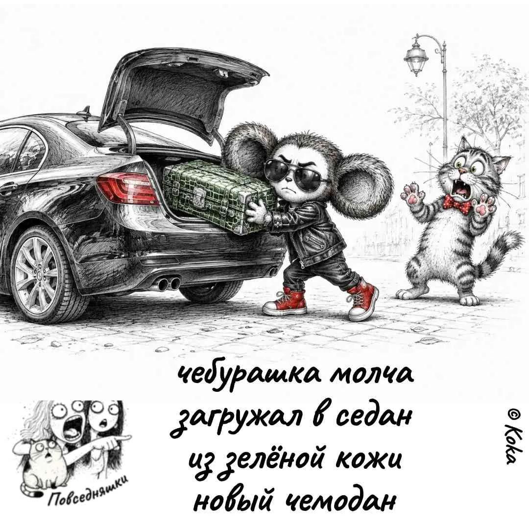 Чебурашка молча загружал в седан из зелёной кожи новый чемодан Повседневняшки © Koka