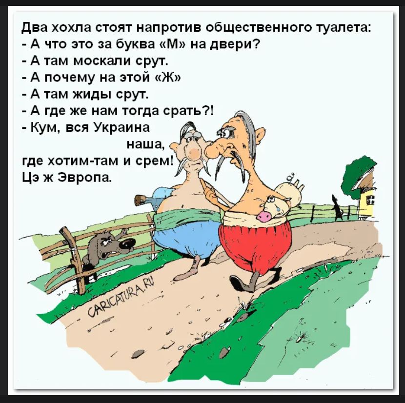 Два хохла стоят напротив общественного туалета: - А что это за буква «М» на двери? - А там москали срут. - А почему на этой «Ж» - А там жиды срут. - А где же нам тогда срать?! - Кум, вся Украина наша, где хотим-там и срем! Цэ ж Эвропа.