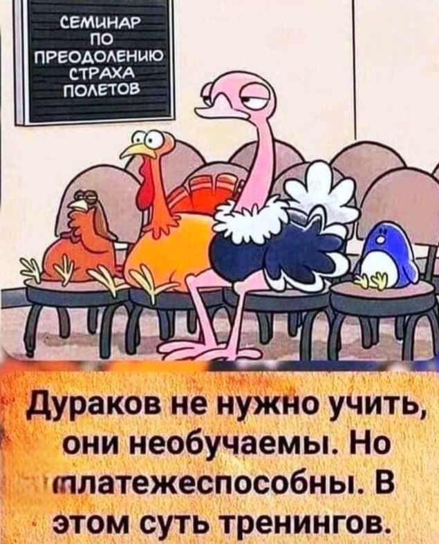 СЕМИНАР ПО ПРЕОДОЛЕНИЮ СТРАХА ПОЛЕТОВ Дураков не нужно учить, они необучаемы. Но платежеспособны. В этом суть тренингов.