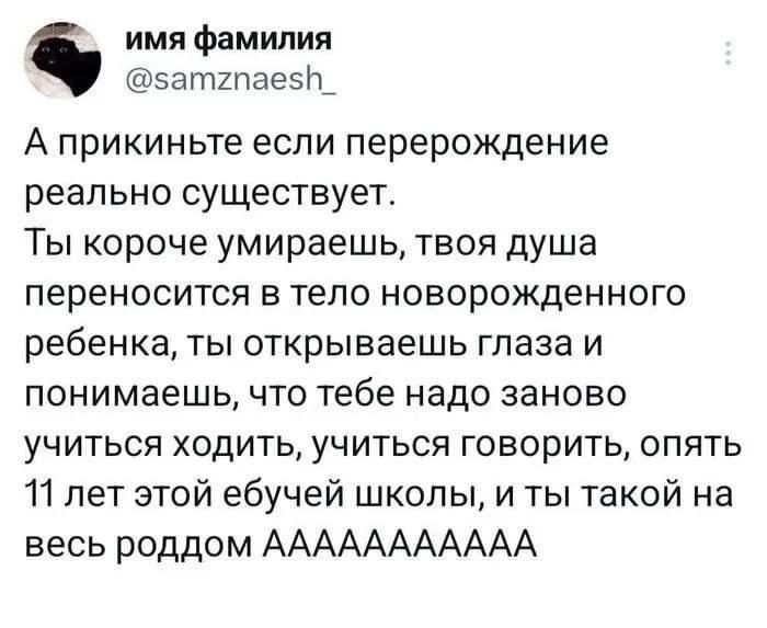 имя фамилия @samznaesh_ А прикиньте если перерождение реально существует. Ты короче умираешь, твоя душа переносится в тело новорожденного ребенка, ты открываешь глаза и понимаешь, что тебе надо заново учиться ходить, учиться говорить, опять 11 лет этой ебучей школы, и ты такой на весь роддом ААААААААА