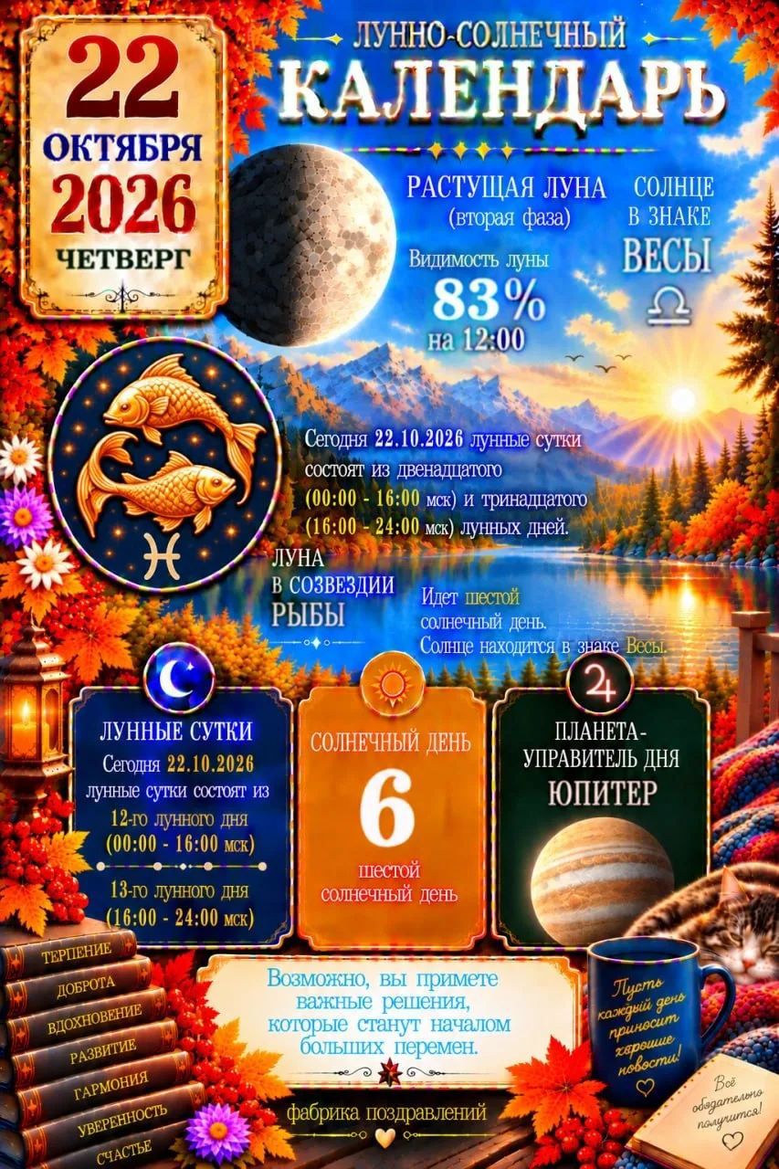 Лунно-солнечный календарь на 22 октября 2026 года четверг. Растущая луна вторая фаза видимость луны 83% на 12:00. Солнце в знаке Весы. Сегодня 22.10.2026 лунные сутки состоят из двенадцатого и тринадцатого лунных дней. Луна в созвездии Рыбы. Идет шестой солнечный день. Солнце находится в знаке Весы. Планета-управитель дня Юпитер. Терпение,