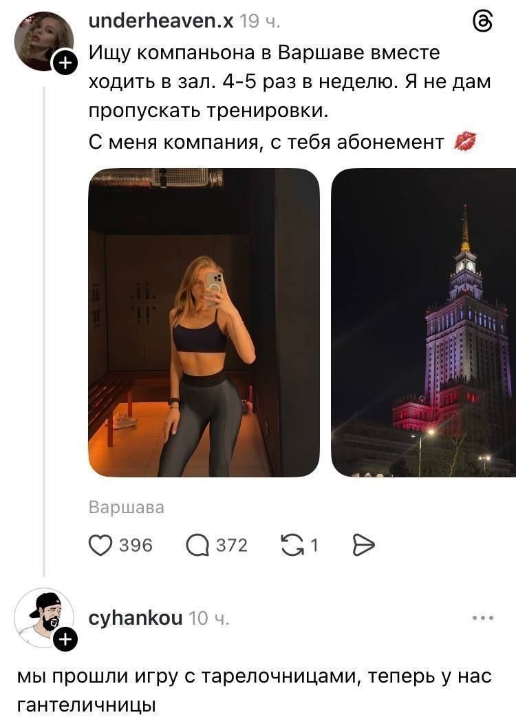 underheaven.x 19 ч. Ищу компаньона в Варшаве вместе ходить в зал. 4-5 раз в неделю. Я не дам пропускать тренировки. С меня компания, с тебя абонемент Варшава cyhankou 10 ч. мы прошли игру с тарелочницами, теперь у нас гантеличницы