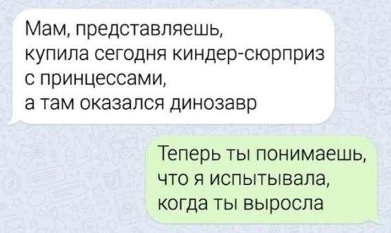 Мам, представляешь, купила сегодня киндер-сюрприз с принцессами, а там оказался динозавр. Теперь ты понимаешь, что я испытывала, когда ты выросла
