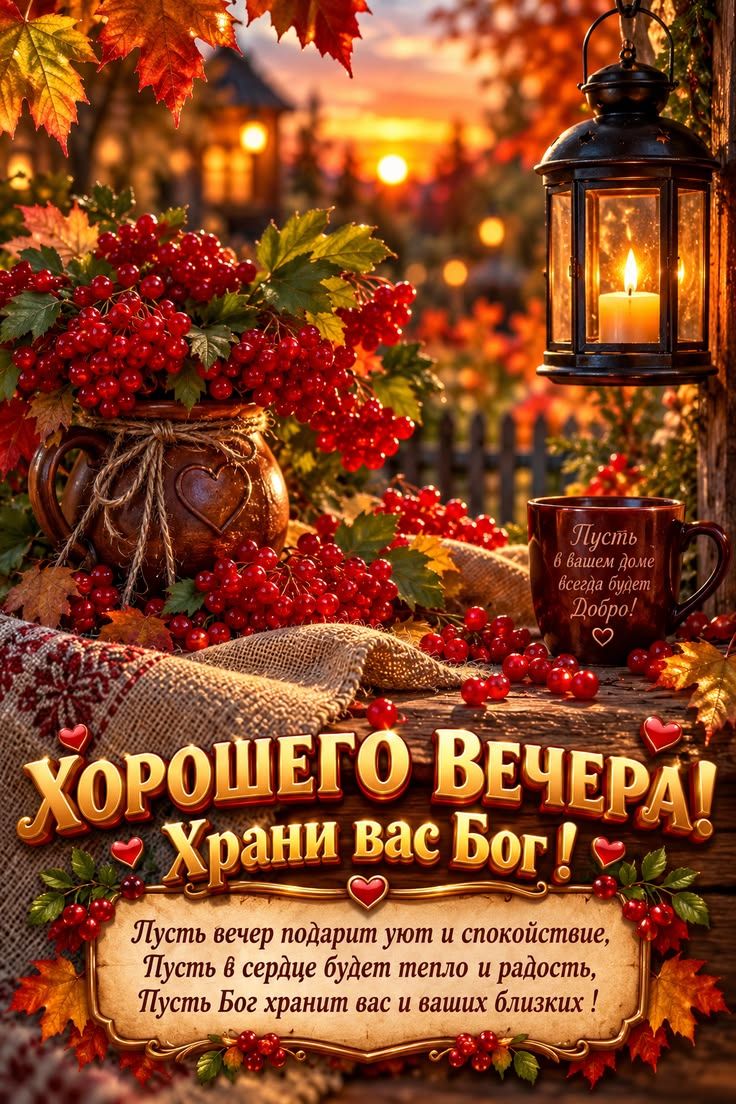 ХОРОШЕГО ВЕЧЕРА! Храни вас Бог! Пусть в вашем доме всегда будет Добро! Пусть вечер подарит уют и спокойствие, Пусть в сердце будет тепло и радость, Пусть Бог хранит вас и ваших близких!