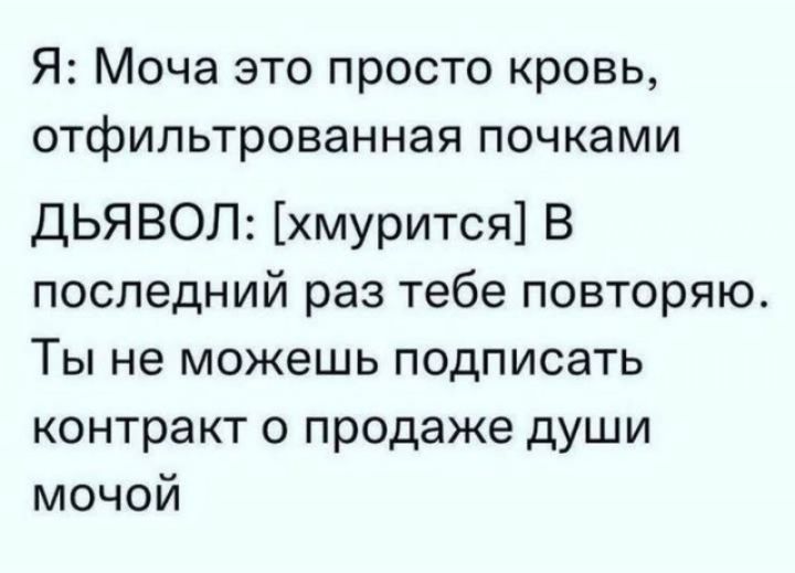 Я: Моча это просто кровь, отфильтрованная почками
ДЬЯВОЛ: [хмурится] В последний раз тебе повторяю. Ты не можешь подписать контракт о продаже души мочой