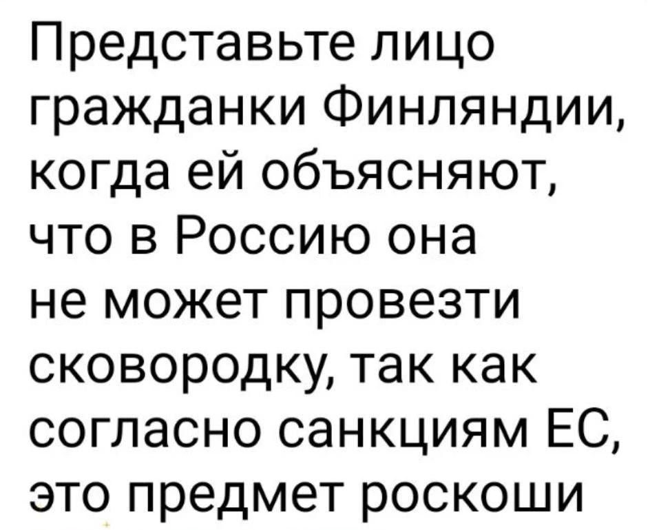 Представьте лицо гражданки Финляндии, когда ей объясняют, что в Россию она не может провезти сковородку, так как согласно санкциям ЕС, это предмет роскоши