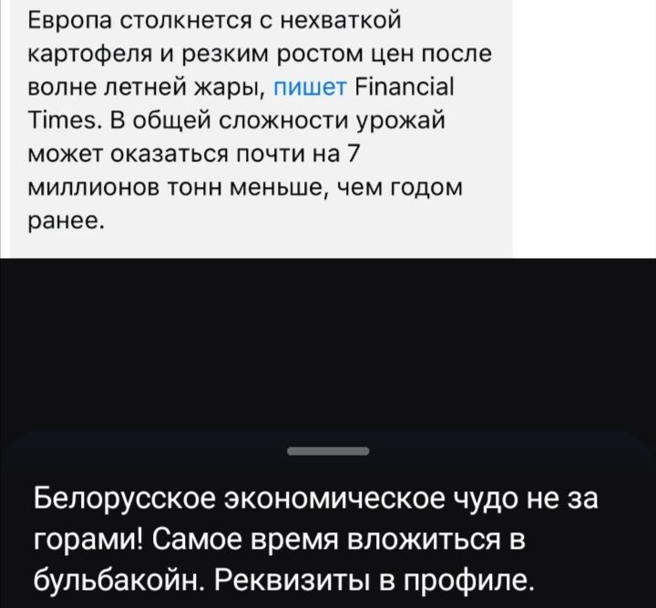 Европа столкнется с нехваткой картофеля и резким ростом цен после волне летней жары, пишет Financial Times. В общей сложности урожай может оказаться почти на 7 миллионов тонн меньше, чем годом ранее. Белорусское экономическое чудо не за горами! Самое время вложиться в бульбакойн. Реквизиты в профиле.