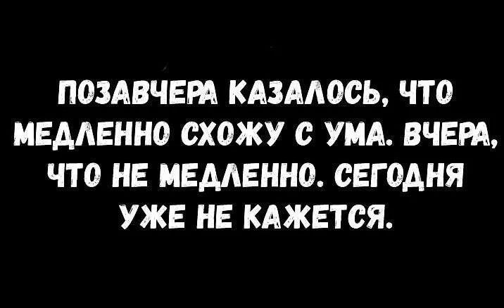 ПОЗАВЧЕРА КАЗАЛОСЬ, ЧТО МЕДЛЕННО СХОЖУ С УМА. ВЧЕРА, ЧТО НЕ МЕДЛЕННО. СЕГОДНЯ УЖЕ НЕ КАЖЕТСЯ.