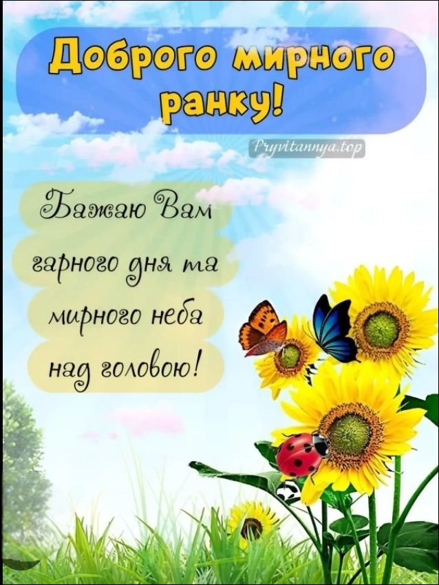 Доброго мирного ранку! Pryvitannya.top Бажаю Вам гарного дня та мирного неба над головою!