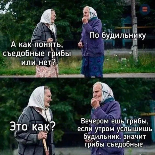 А как понять, съедобные грибы или нет? По будильнику. Это как? Вечером ешь грибы, если утром услышишь будильник, значит грибы съедобные