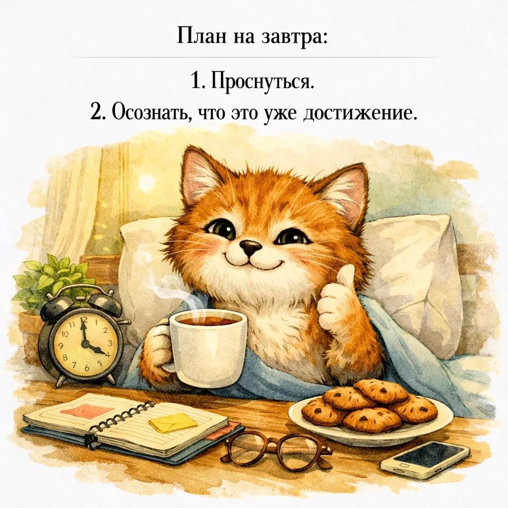 План на завтра: 1. Проснуться. 2. Осознать, что это уже достижение.