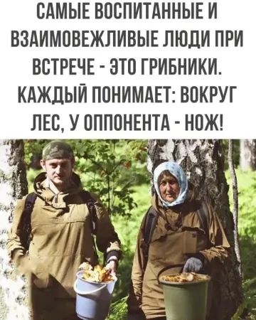 САМЫЕ ВОСПИТАННЫЕ И ВЗАИМОВЕЖЛИВЫЕ ЛЮДИ ПРИ ВСТРЕЧЕ - ЭТО ГРИБНИКИ. КАЖДЫЙ ПОНИМАЕТ: ВОКРУГ ЛЕС, У ОППОНЕНТА - НОЖ!