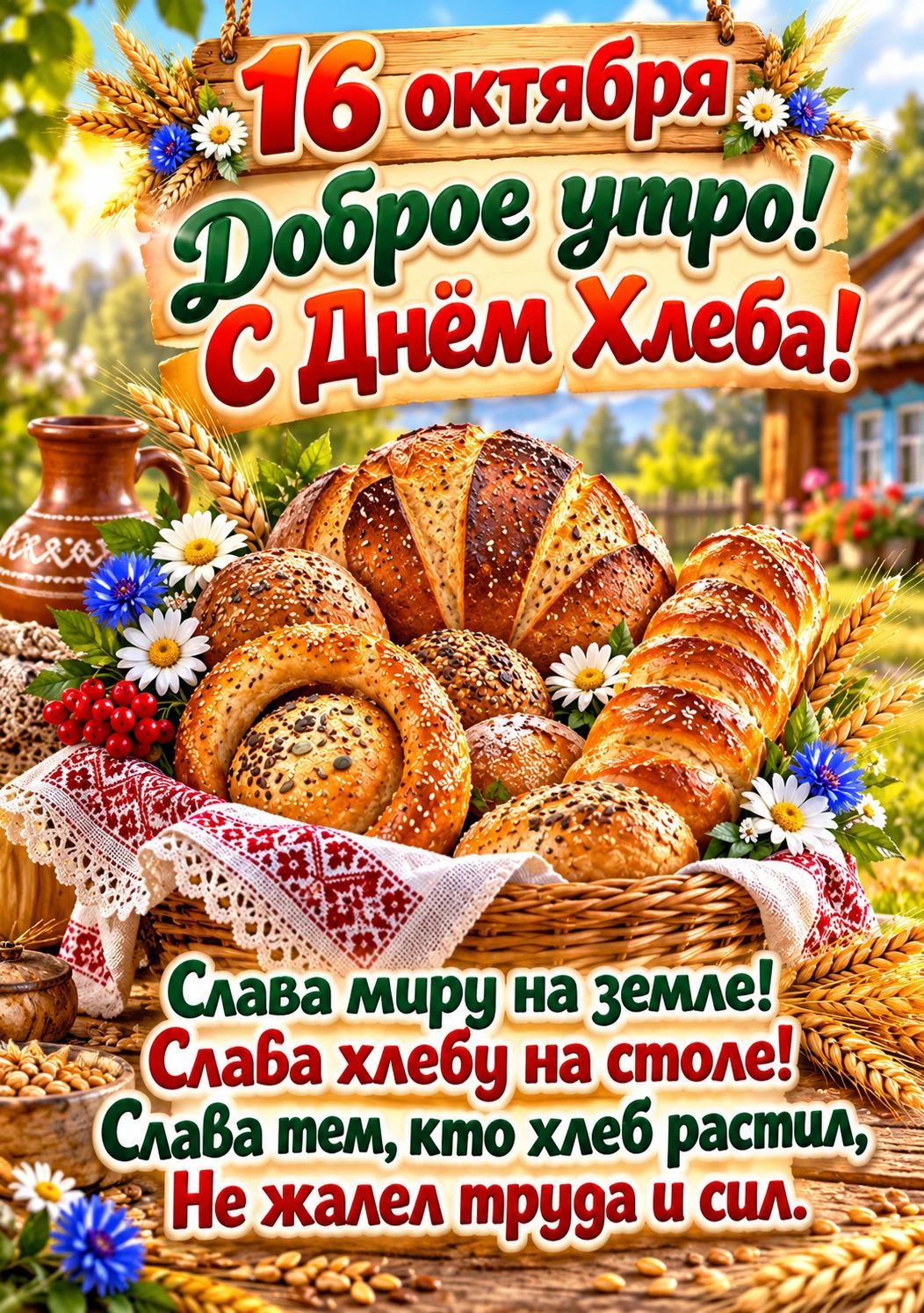 16 октября Доброе утро! С Днём Хлеба! Слава миру на земле! Слава хлебу на столе! Слава тем, кто хлеб растил, Не жалел труда и сил.