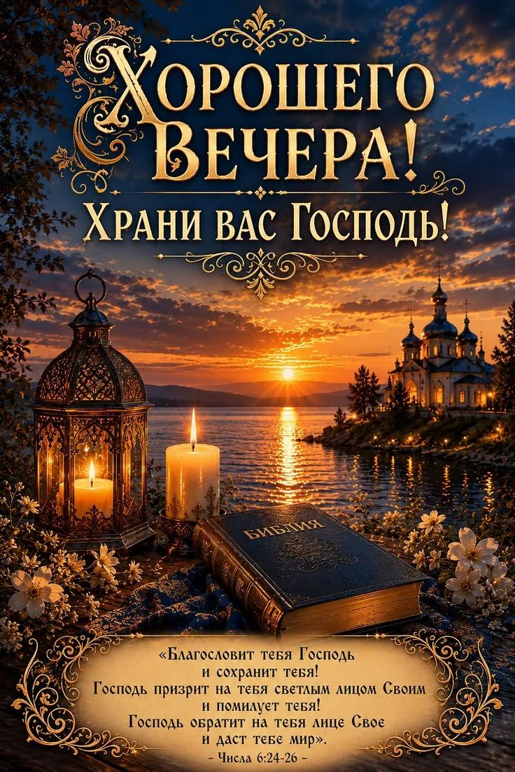 Хорошего вечера! Храни вас Господь! Библия. «Благословит тебя Господь и сохранит тебя! Господь призрит на тебя светлым лицом Своим и помилует тебя! Господь обратит на тебя лице Свое и даст тебе мир». - Числа 6:24-26 -