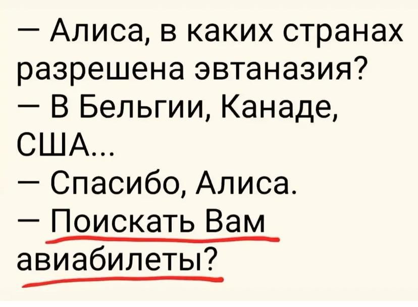 – Алиса, в каких странах разрешена эвтаназия? – В Бельгии, Канаде, США... – Спасибо, Алиса. – Поискать Вам авиабилеты?