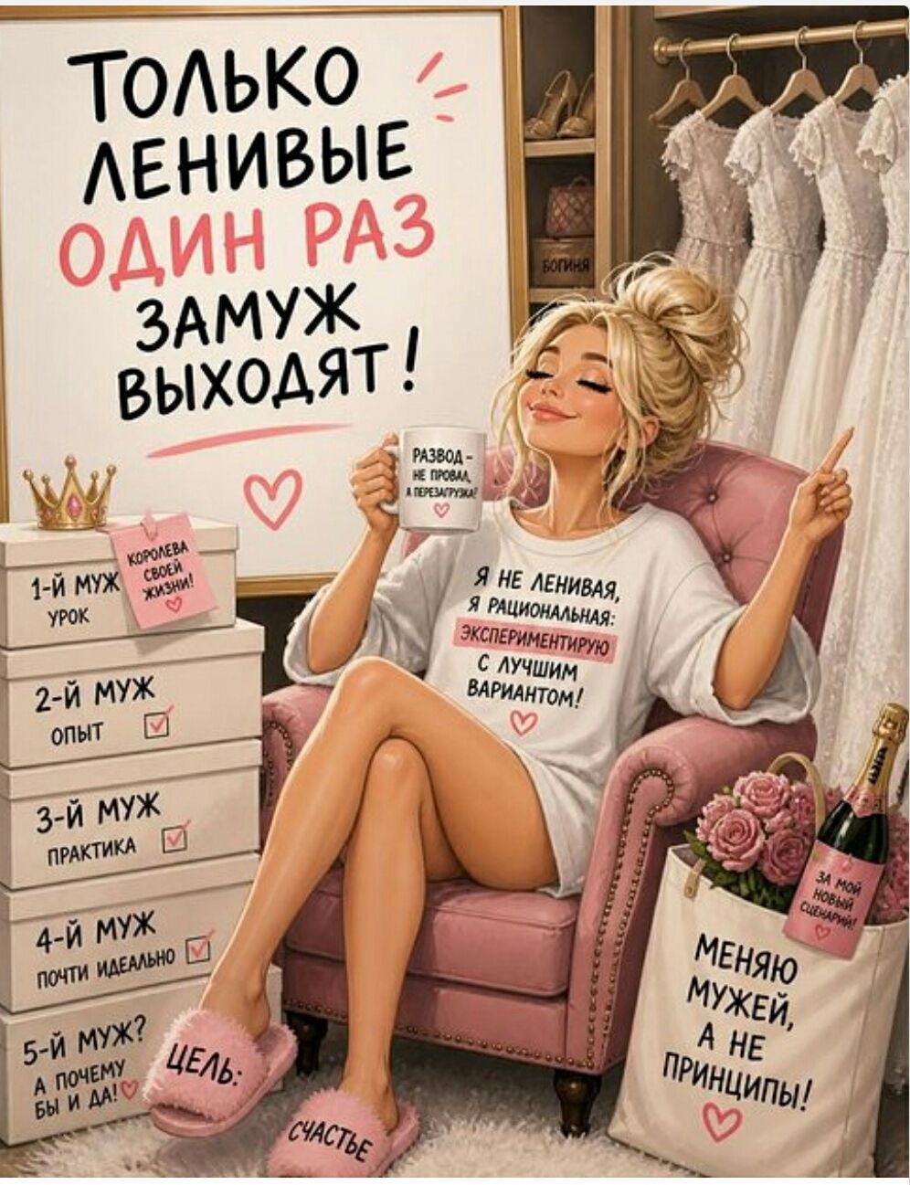 ТОЛЬКО ЛЕНИВЫЕ ОДИН РАЗ ЗАМУЖ ВЫХОДЯТ! РАЗВОД - НЕ ПРОВАЛ, А ПЕРЕЗАГРУЗКА! Я НЕ ЛЕНИВАЯ, Я РАЦИОНАЛЬНАЯ: ЭКСПЕРИМЕНТИРУЮ С ЛУЧШИМ ВАРИАНТОМ! 1-Й МУЖ УРОК КОРОЛЕВА СВОЕЙ ЖИЗНИ! 2-Й МУЖ ОПЫТ 3-Й МУЖ ПРАКТИКА 4-Й МУЖ ПОЧТИ ИДЕАЛЬНО 5-Й МУЖ? А ПОЧЕМУ БЫ И ДА! ЦЕЛЬ: СЧАСТЬЕ МЕНЯЮ МУЖЕЙ, А НЕ ПРИНЦИПЫ! ЗА МОЙ НОВЫЙ СЦЕНАРИЙ! БОГИНЯ