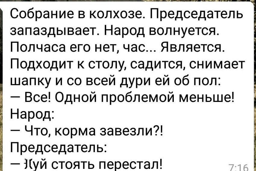 Собрание в колхозе. Председатель запаздывает. Народ волнуется. Полчаса его нет, час... Является. Подходит к столу, садится, снимает шапку и со всей дури ей об пол: — Все! Одной проблемой меньше! Народ: — Что, корма завезли?! Председатель: — Ж(уй стоять перестал!