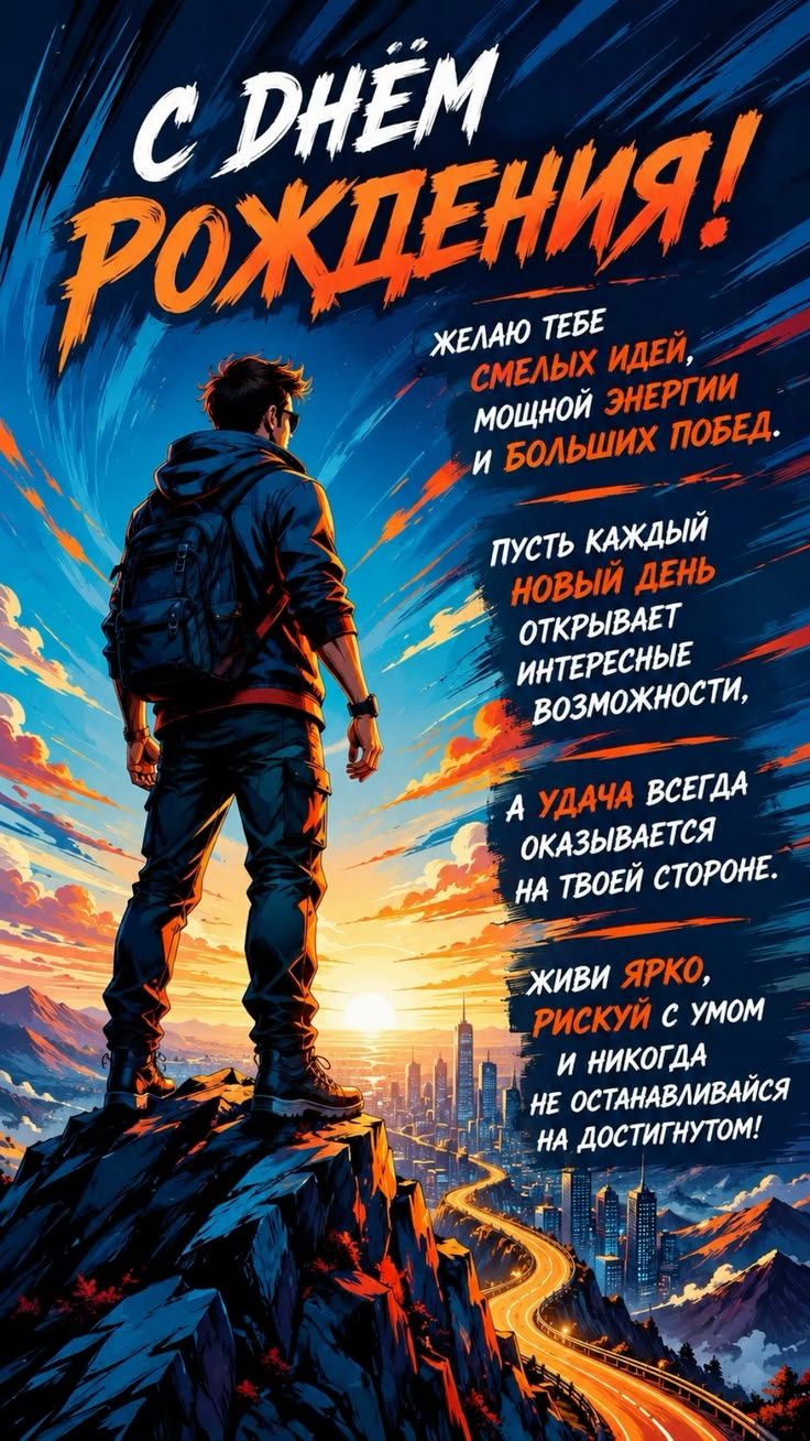 С ДНЁМ РОЖДЕНИЯ! ЖЕЛАЮ ТЕБЕ СМЕЛЫХ ИДЕЙ, МОЩНОЙ ЭНЕРГИИ И БОЛЬШИХ ПОБЕД. ПУСТЬ КАЖДЫЙ НОВЫЙ ДЕНЬ ОТКРЫВАЕТ ИНТЕРЕСНЫЕ ВОЗМОЖНОСТИ, А УДАЧА ВСЕГДА ОКАЗЫВАЕТСЯ НА ТВОЕЙ СТОРОНЕ. ЖИВИ ЯРКО, РИСКУЙ С УМОМ И НИКОГДА НЕ ОСТАНАВЛИВАЙСЯ НА ДОСТИГНУТОМ!