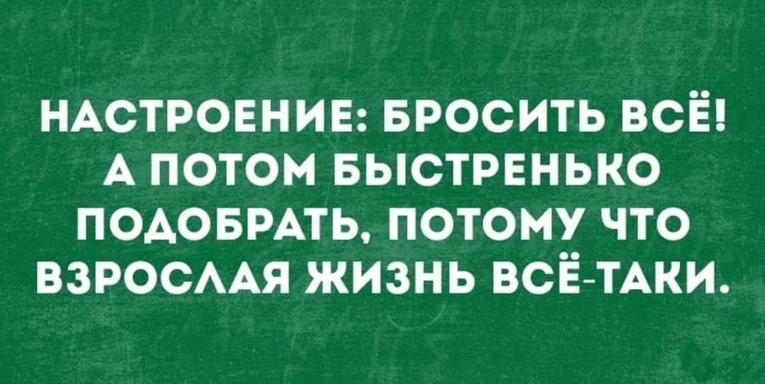 НАСТРОЕНИЕ: БРОСИТЬ ВСЁ! А ПОТОМ БЫСТРЕНЬКО ПОДОБРАТЬ, ПОТОМУ ЧТО ВЗРОСЛАЯ ЖИЗНЬ ВСЁ-ТАКИ.