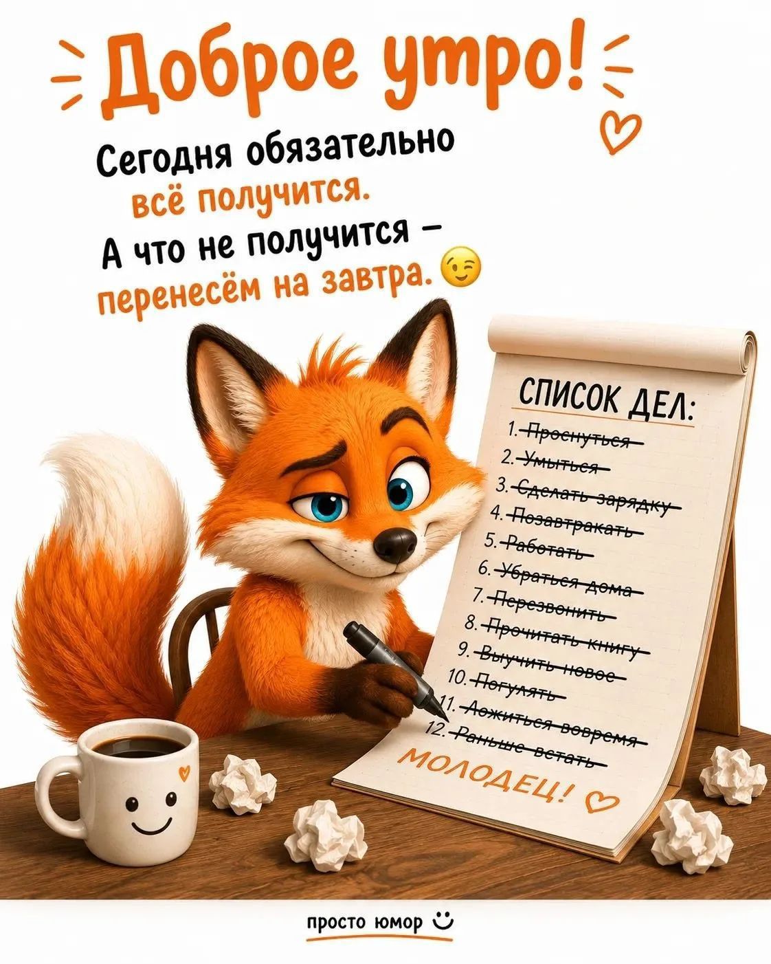 Доброе утро! Сегодня обязательно всё получится. А что не получится — перенесём на завтра. СПИСОК ДЕЛ: 1. Проснуться 2. Умыться 3. Сделать зарядку 4. Позавтракать 5. Работать 6. Убраться дома 7. Перезвонить 8. Прочитать книгу 9. Выучить новое 10. Погулять 11. Лечь спать вовремя 12. Раньше встать МОЛОДЕЦ!
