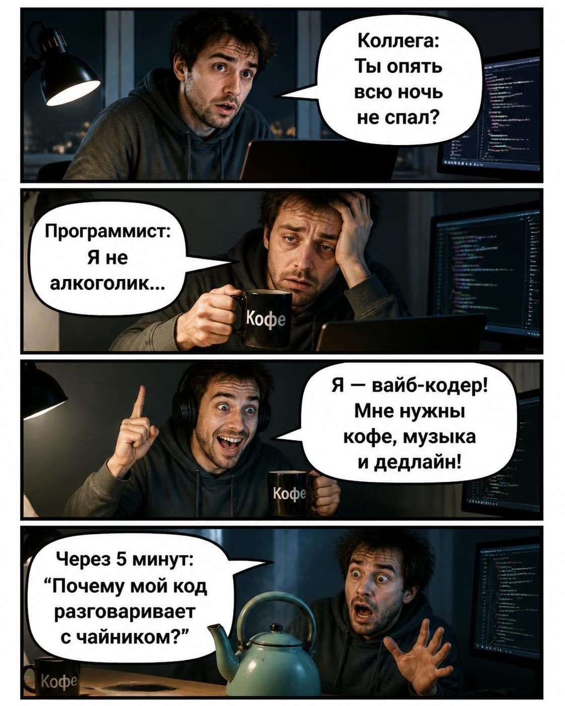 Коллега: Ты опять всю ночь не спал? Программист: Я не алкоголик... Я — вайб-кодер! Мне нужны кофе, музыка и дедлайн! Через 5 минут: “Почему мой код разговаривает с чайником?” Кофе