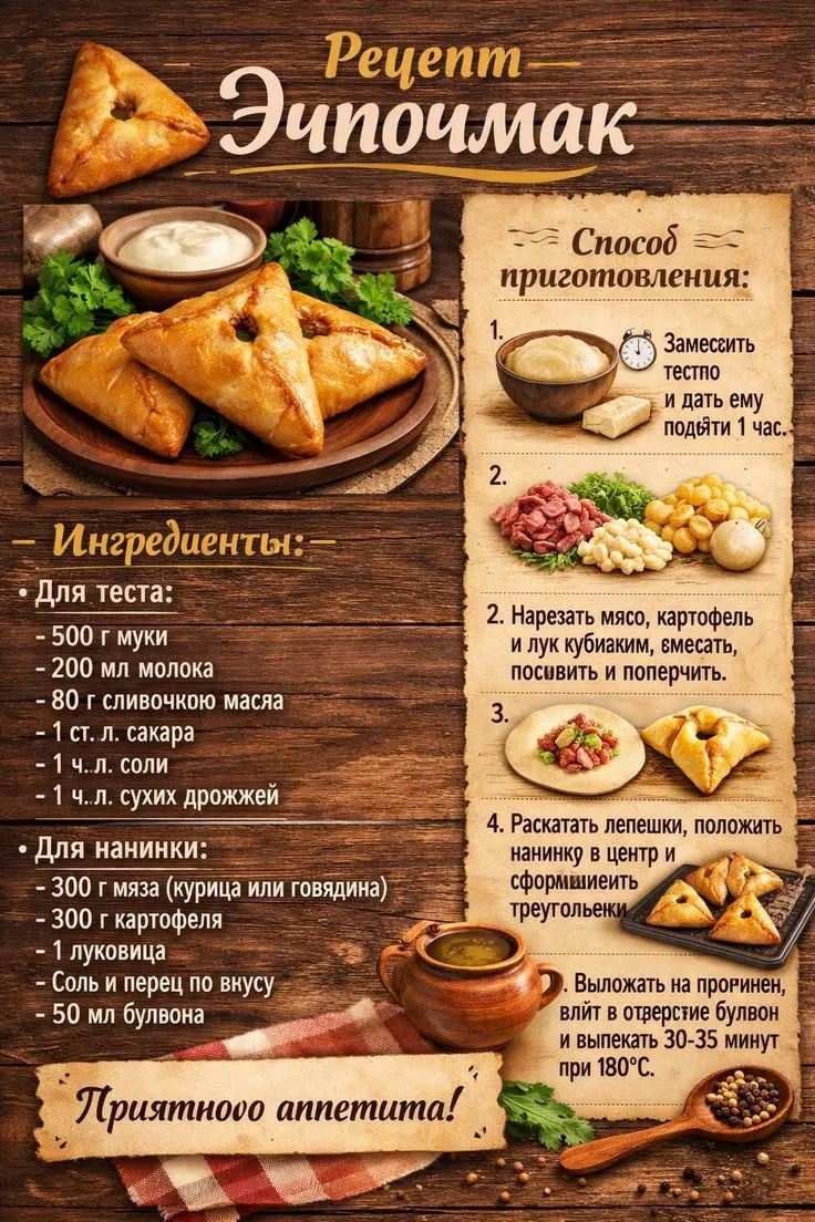 Рецепт Эчпочмак Способ приготовления: 1. Замесить тесто и дать ему подняться 1 час. 2. Нарезать мясо, картофель и лук кубиками, вмешать, посолить и поперчить. 3. 4. Раскатать лепешки, положить начинку в центр и сформировать треугольники. Выложить на противень, влить в отверстие бульон и выпекать 30-35 минут при 180°С. Ингредиенты: Для теста: - 500