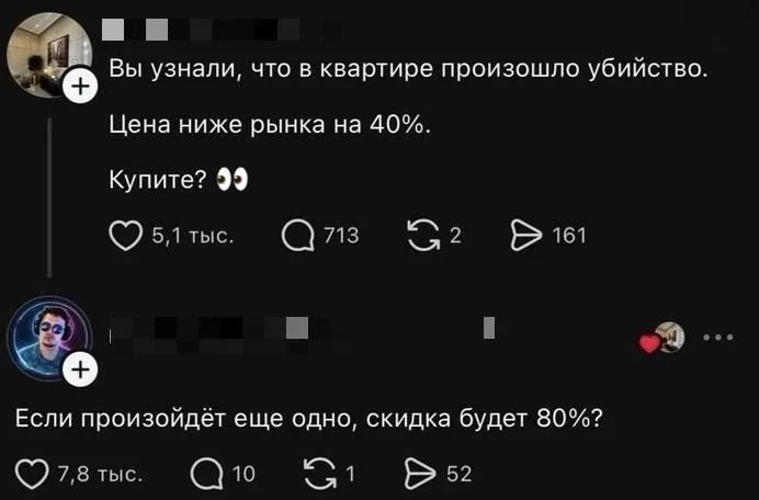 Вы узнали, что в квартире произошло убийство. Цена ниже рынка на 40%. Купите? 👀 Если произойдёт еще одно, скидка будет 80%?