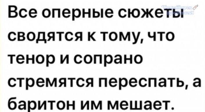 Все оперные сюжеты сводятся к тому, что тенор и сопрано стремятся переспать, а баритон им мешает.
