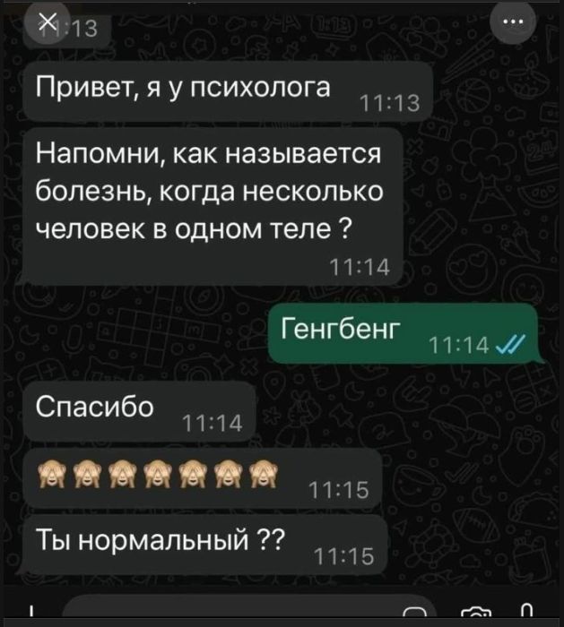 Привет, я у психолога. Напомни, как называется болезнь, когда несколько человек в одном теле? Генгбенг. Спасибо. Ты нормальный ??