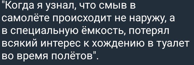 Когда я узнал, что смыв в самолёте происходит не наружу, а в специальную ёмкость, потерял всякий интерес к хождению в туалет во время полётов.