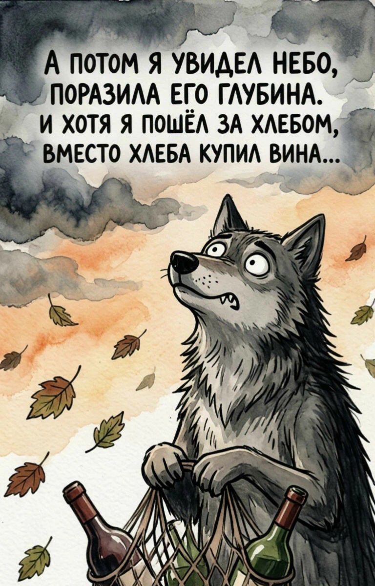 А потом я увидел небо, поразила его глубина. И хотя я пошёл за хлебом, вместо хлеба купил вина...