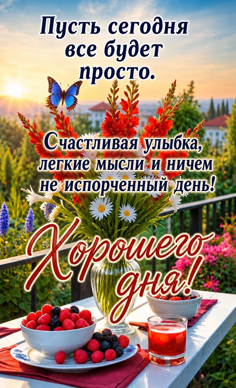 Пусть сегодня все будет просто. Счастливая улыбка, легкие мысли и ничем не испорченный день! Хорошего дня!