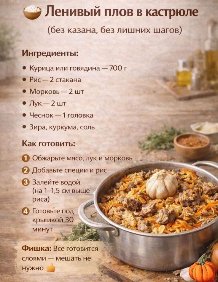 Ленивый плов в кастрюле (без казана, без лишних шагов) Ингредиенты: Курица или говядина — 700 г, Рис — 2 стакана, Морковь — 2 шт, Лук — 2 шт, Чеснок — 1 головка, Зира, куркума, соль. Как готовить: 1 Обжарьте мясо, лук и морковь. 2 Добавьте специи и рис. 3 Залейте водой (на 1-1,5 см выше риса). 4 Готовьте под крышкой 30 минут. Фишка: Все готовится