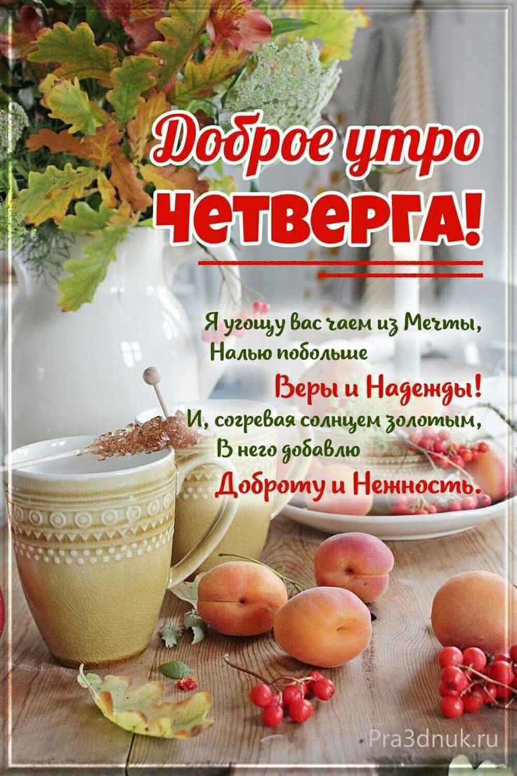 Доброе утро четверга! Я угощу вас чаем из Мечты, Налью побольше Веры и Надежды! И, согревая солнцем золотым, В него добавлю Доброту и Нежность.