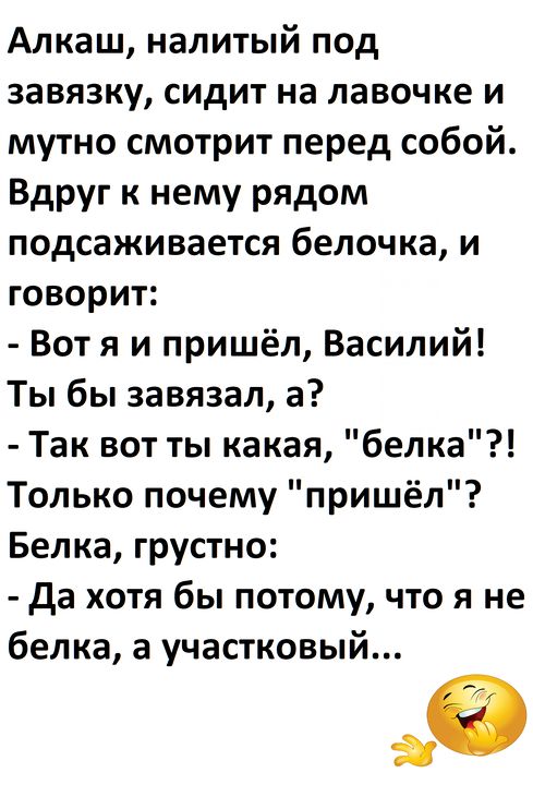 Алкаш, налитый под завязку, сидит на лавочке и мутно смотрит перед собой. Вдруг к нему рядом подсаживается белочка, и говорит: - Вот я и пришёл, Василий! Ты бы завязал, а? - Так вот ты какая, 