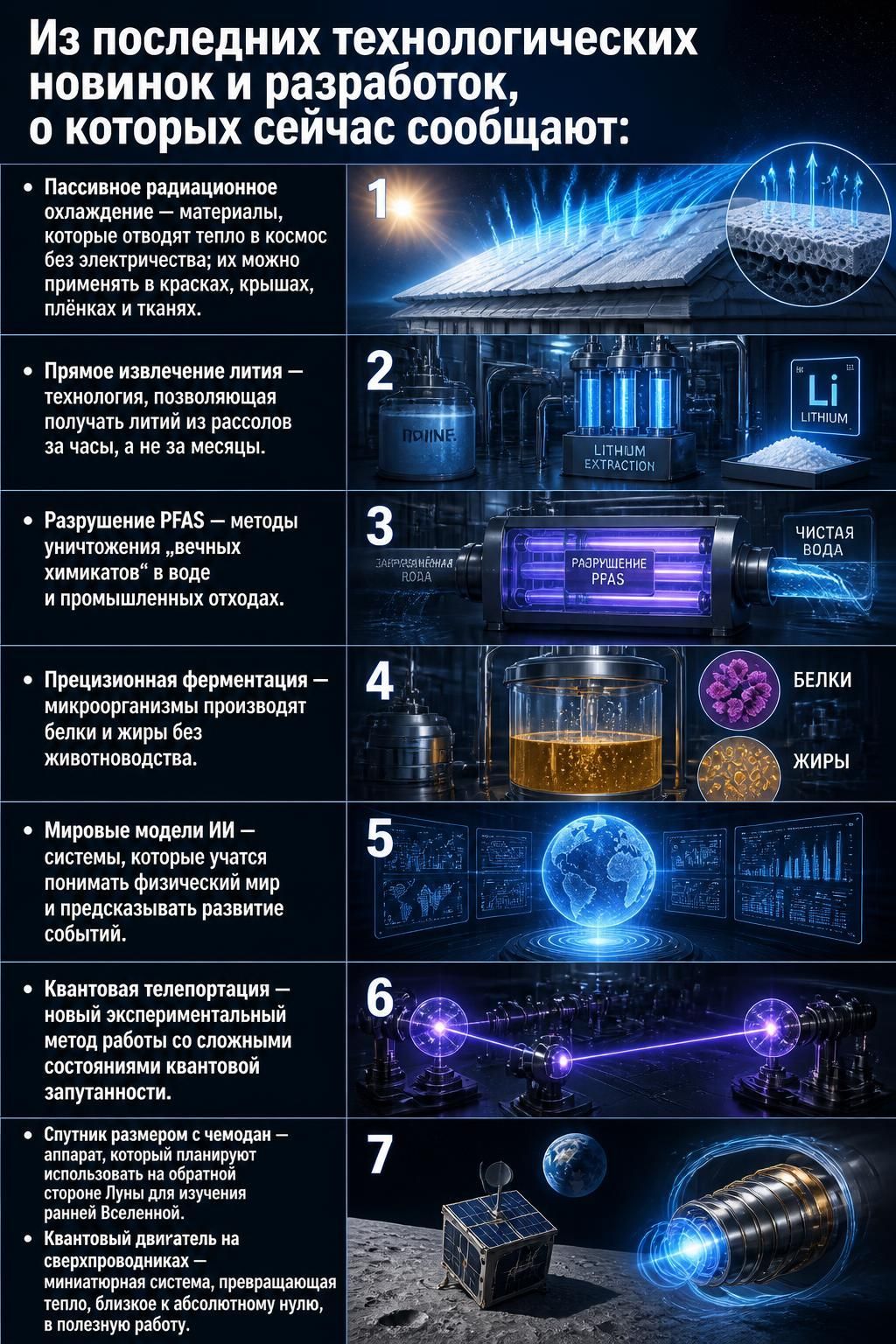 Из последних технологических новинок и разработок, о которых сейчас сообщают: 1. Пассивное радиационное охлаждение — материалы, которые отводят тепло в космос без электричества; их можно применять в красках, крышах, плёнках и тканях. 2. Прямое извлечение лития — технология, позволяющая получать литий из рассолов за часы, а не за месяцы. 3.